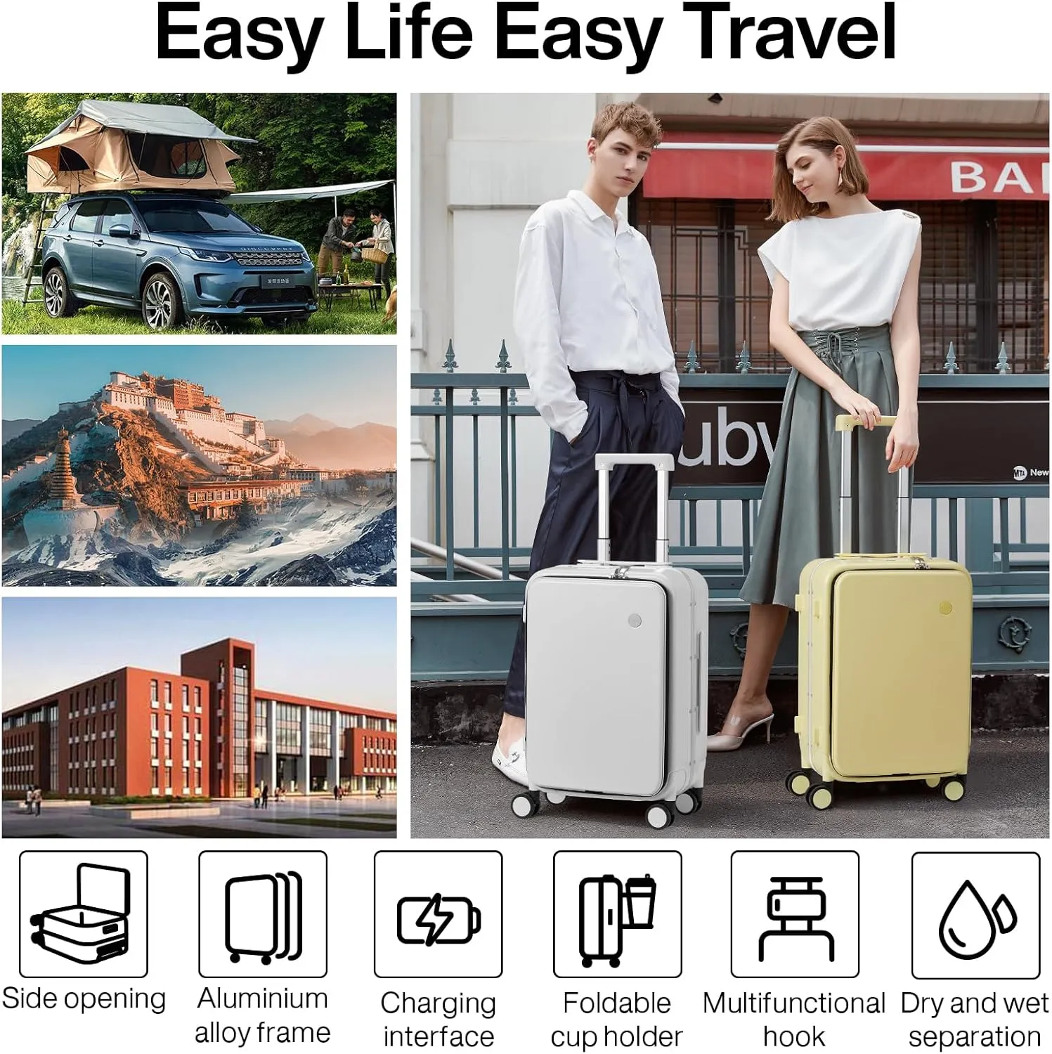 mixi Carry On Luggage with Cup Phone Holder and Charger Hard Shell Suitcases with Spinner Wheels,20 Inch Lark Yellow
