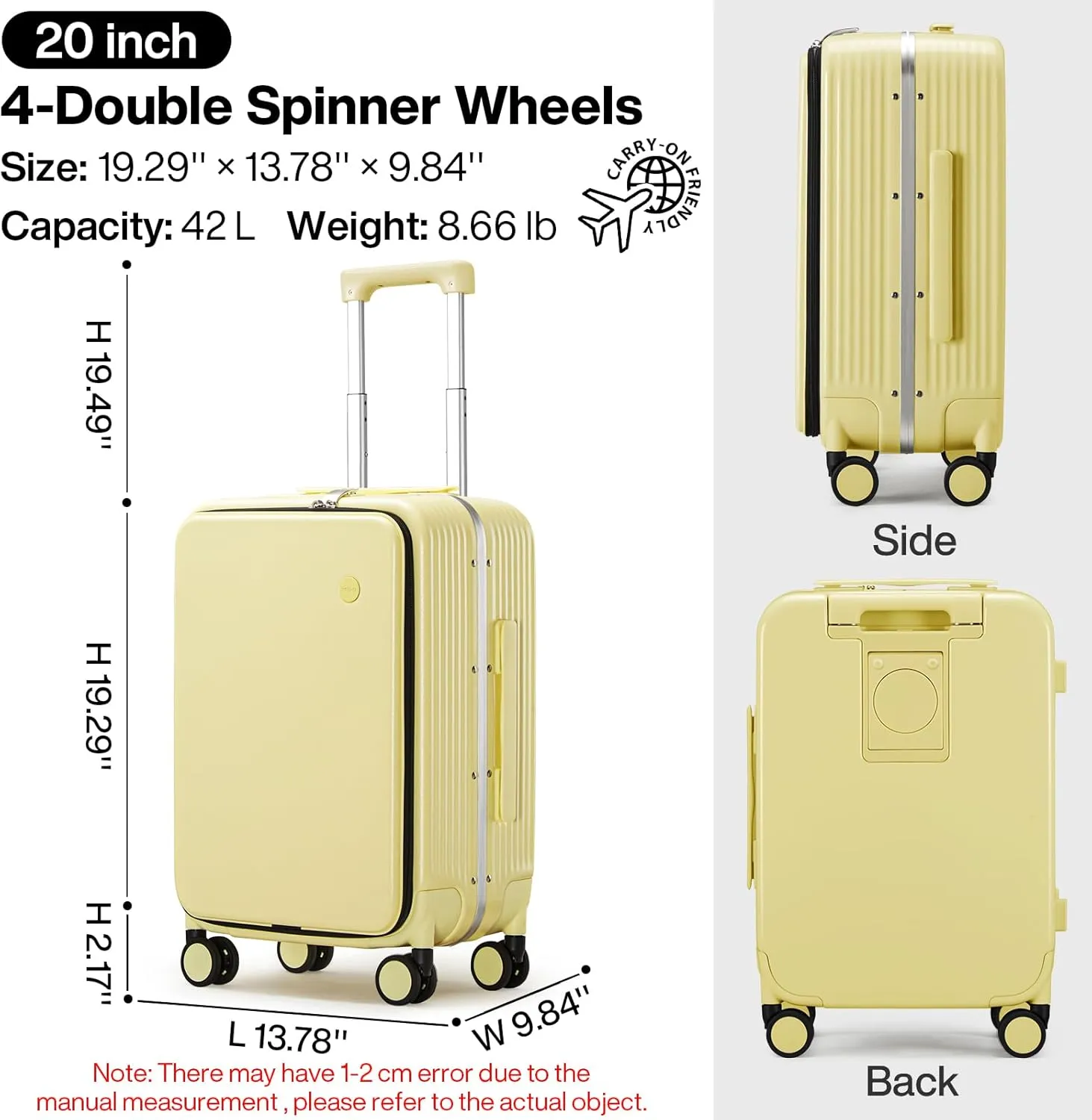 mixi Carry On Luggage with Cup Phone Holder and Charger Hard Shell Suitcases with Spinner Wheels,20 Inch Lark Yellow