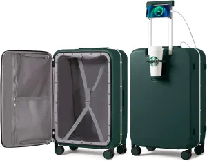 mixi Checked Luggage with Cup Phone Holder and Charger Hard Shell Suitcases with Spinner Wheels, 24 Inch Blackish Green