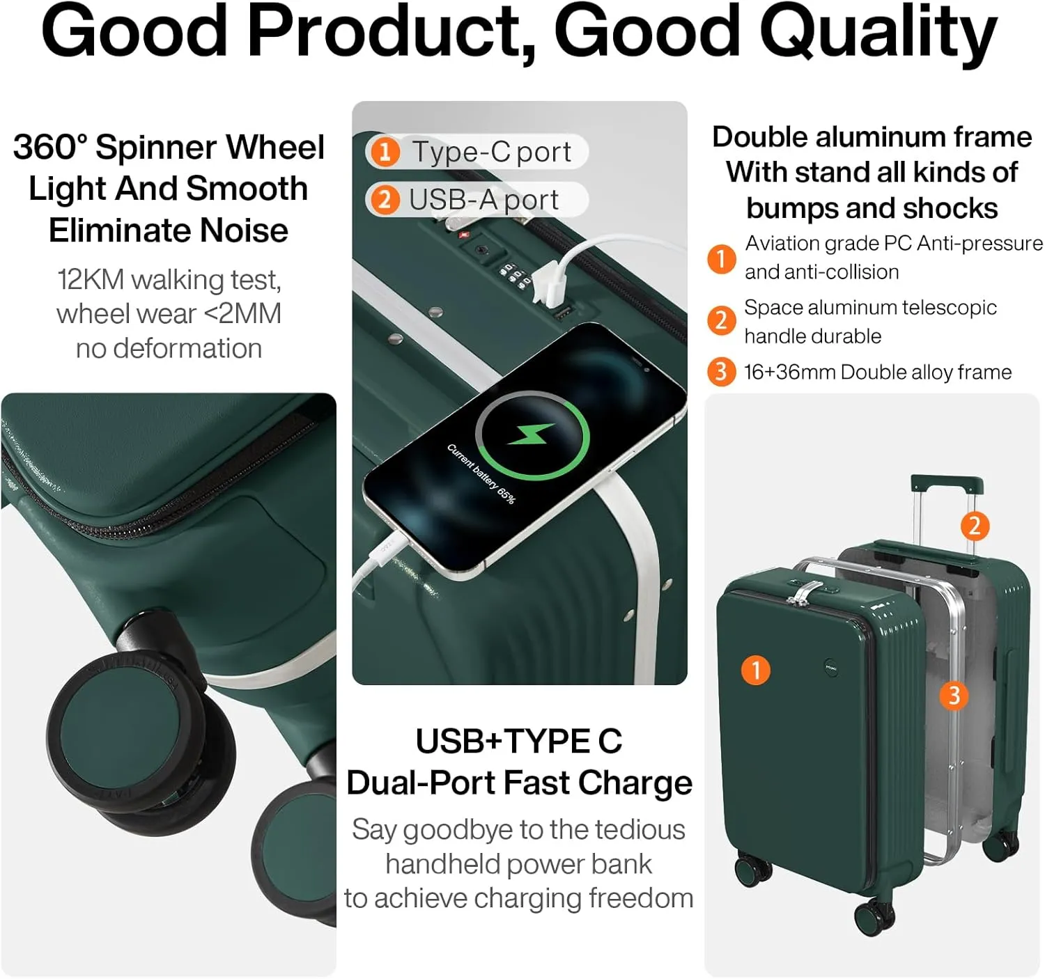 mixi Checked Luggage with Cup Phone Holder and Charger Hard Shell Suitcases with Spinner Wheels, 24 Inch Blackish Green