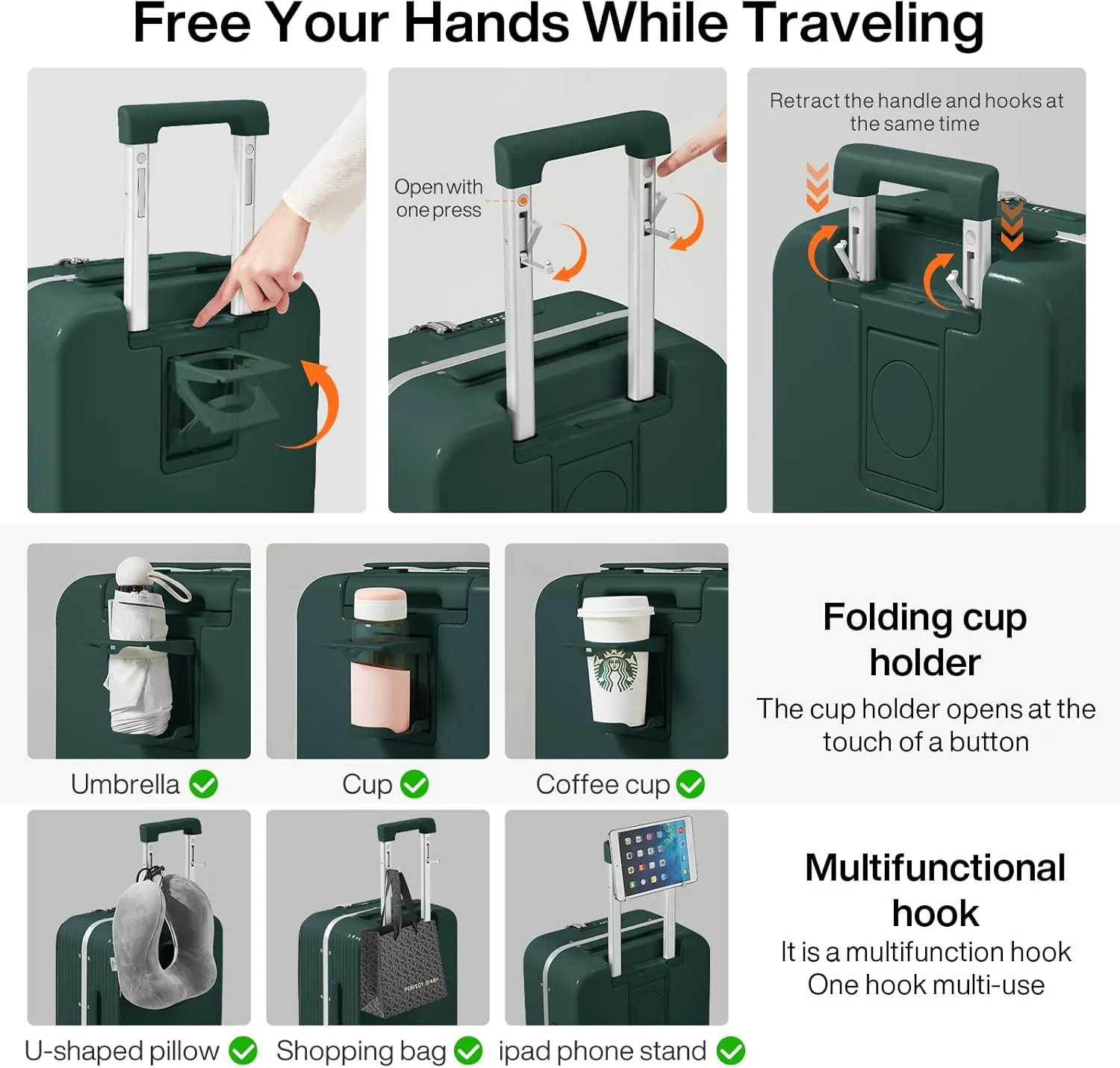 mixi Checked Luggage with Cup Phone Holder and Charger Hard Shell Suitcases with Spinner Wheels, 24 Inch Blackish Green