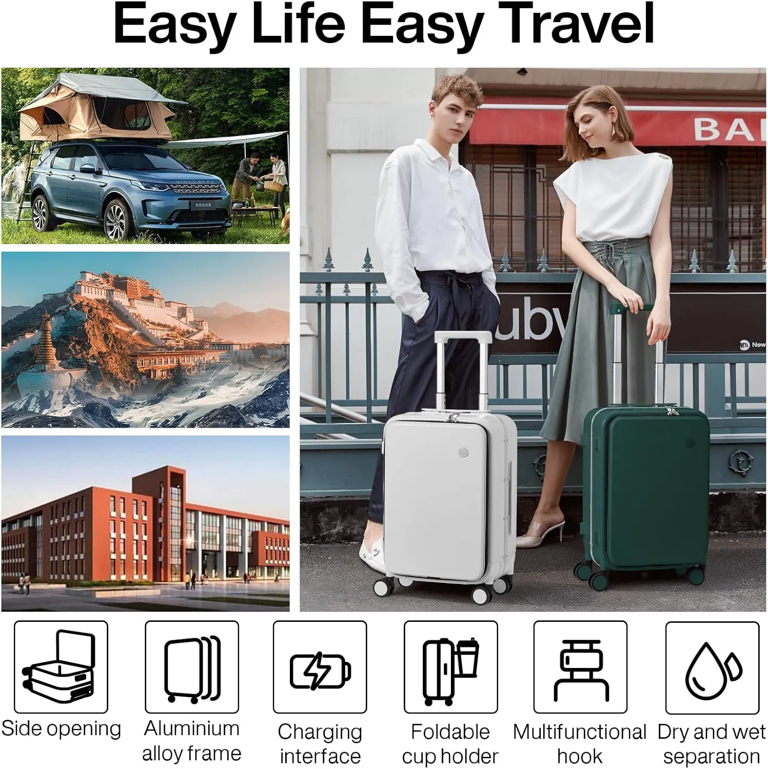 mixi Checked Luggage with Cup Phone Holder and Charger Hard Shell Suitcases with Spinner Wheels, 24 Inch Blackish Green