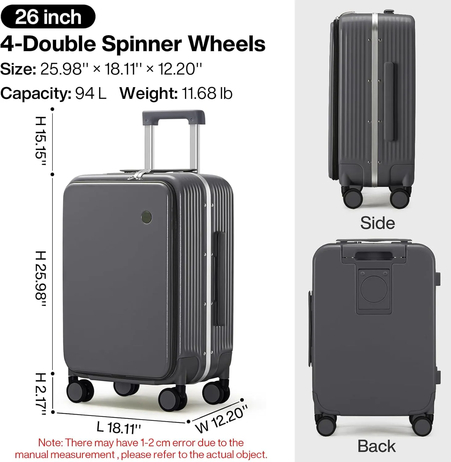 mixi Large Checked Luggage with Cup Phone Holder and Charger Hard Shell Suitcases with Spinner Wheels, 26 Inch Rock Gray