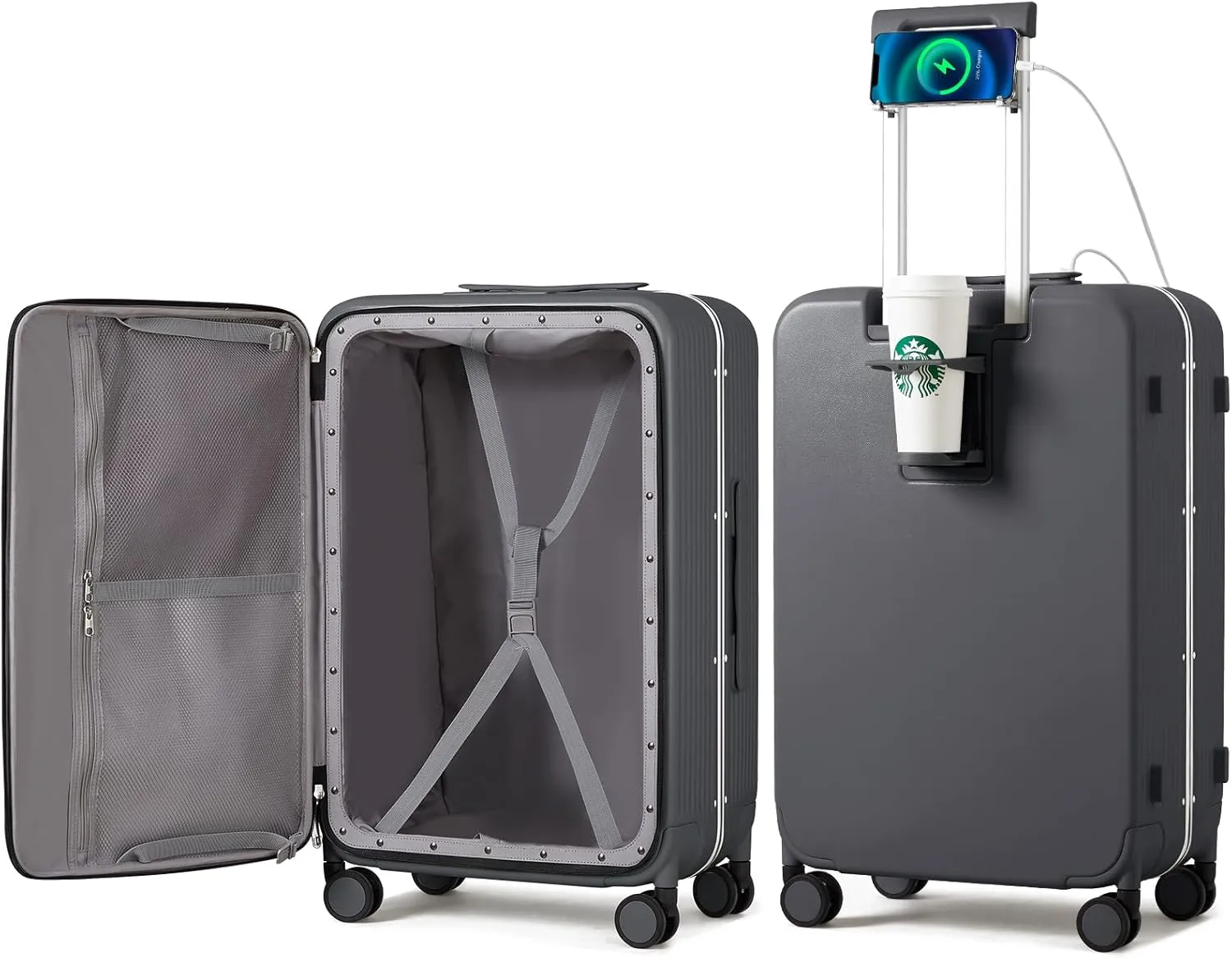 mixi Large Checked Luggage with Cup Phone Holder and Charger Hard Shell Suitcases with Spinner Wheels, 26 Inch Rock Gray