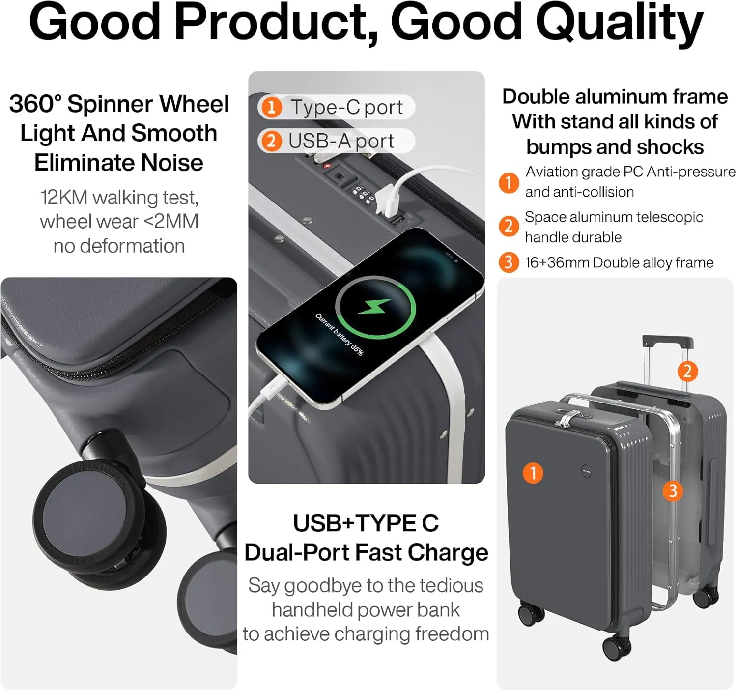 mixi Large Checked Luggage with Cup Phone Holder and Charger Hard Shell Suitcases with Spinner Wheels, 26 Inch Rock Gray