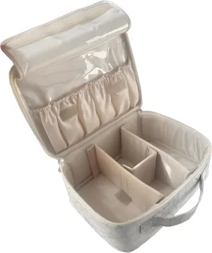 MKPCW Multifunctional Travel Makeup Bag Cosmetic Organizer with Removable Dividers, Brush Holder & Luggage Strap – Waterproof Large Capacity Toiletry Pouch for Women, Gym, Daily Use (White Marble)