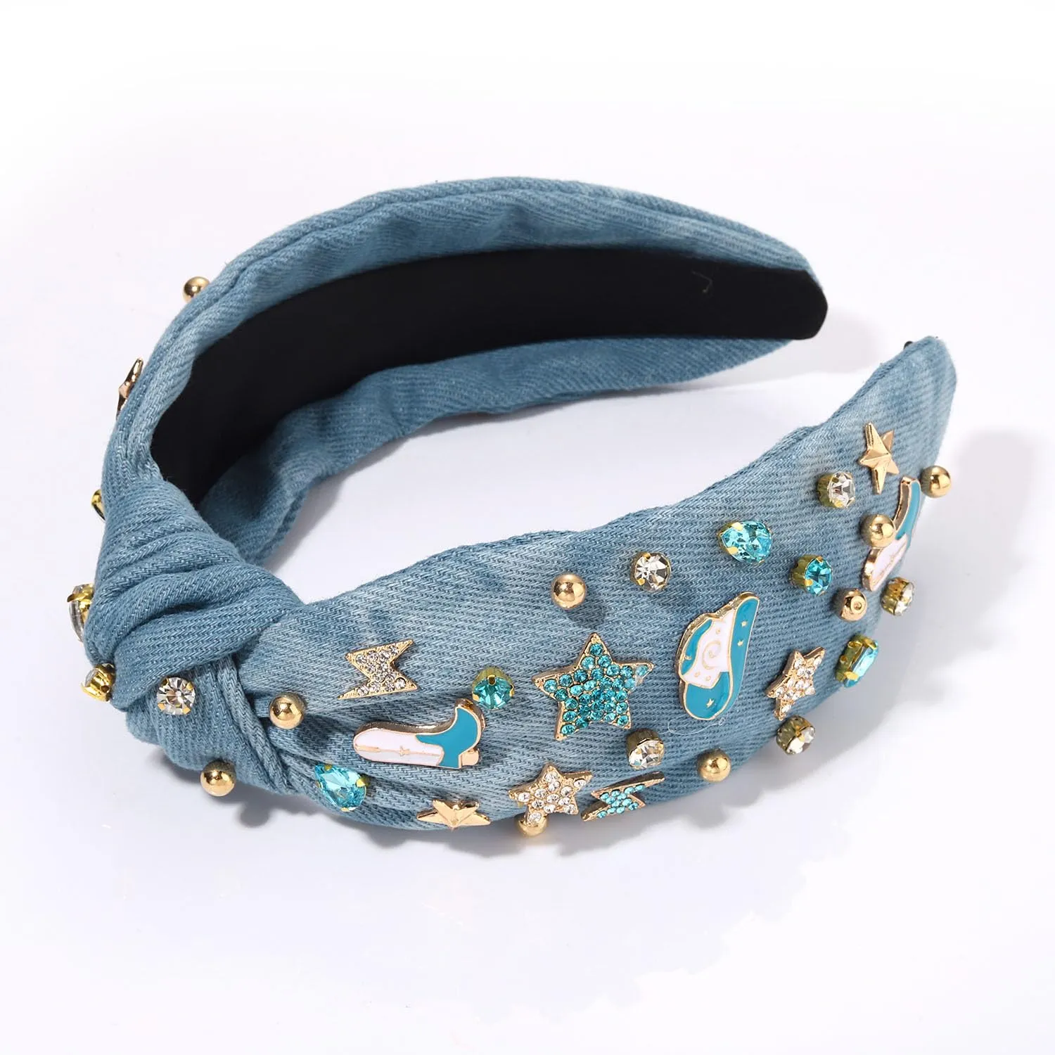 MOLOCH Western Headband Cowgirl Headband for Women Cowboy Boot Hat Stars Knotted Headband Crystal Jeweled Top Knot Hairband Western Country Concert Hair Accessories Bachelorette Outfit Gifts, Blue3