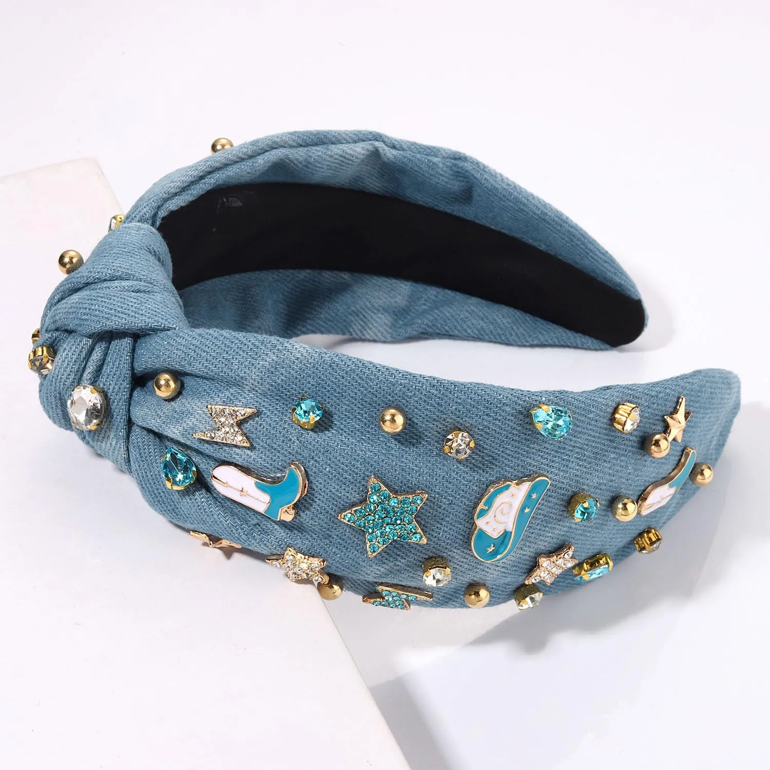 MOLOCH Western Headband Cowgirl Headband for Women Cowboy Boot Hat Stars Knotted Headband Crystal Jeweled Top Knot Hairband Western Country Concert Hair Accessories Bachelorette Outfit Gifts, Blue3