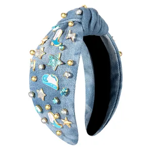 MOLOCH Western Headband Cowgirl Headband for Women Cowboy Boot Hat Stars Knotted Headband Crystal Jeweled Top Knot Hairband Western Country Concert Hair Accessories Bachelorette Outfit Gifts, Blue3