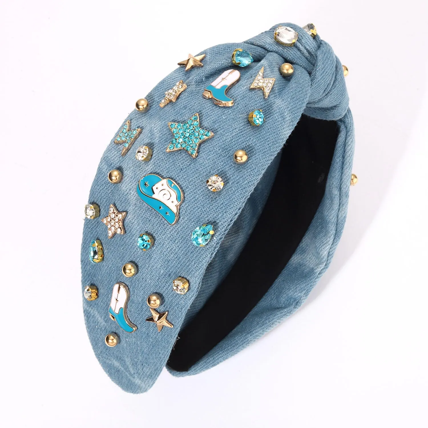 MOLOCH Western Headband Cowgirl Headband for Women Cowboy Boot Hat Stars Knotted Headband Crystal Jeweled Top Knot Hairband Western Country Concert Hair Accessories Bachelorette Outfit Gifts, Blue3
