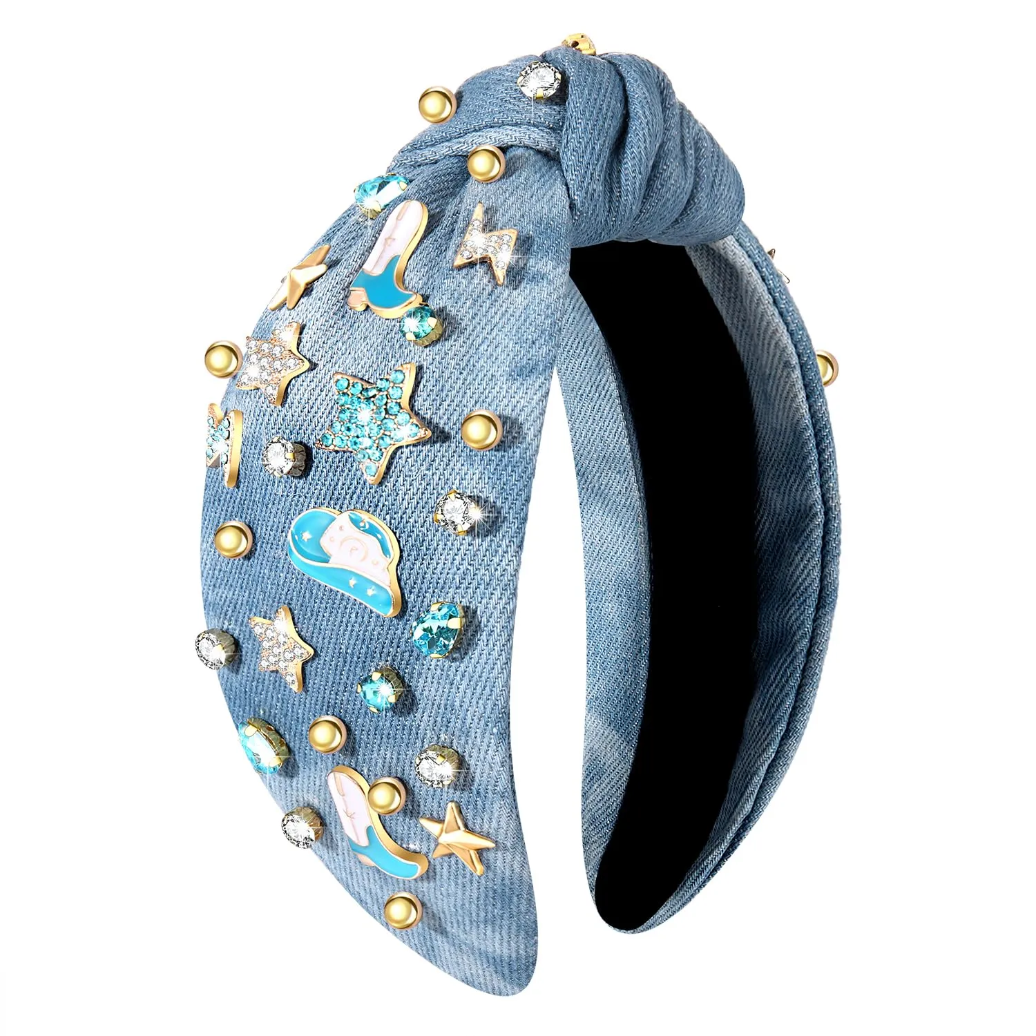 MOLOCH Western Headband Cowgirl Headband for Women Cowboy Boot Hat Stars Knotted Headband Crystal Jeweled Top Knot Hairband Western Country Concert Hair Accessories Bachelorette Outfit Gifts, Blue3