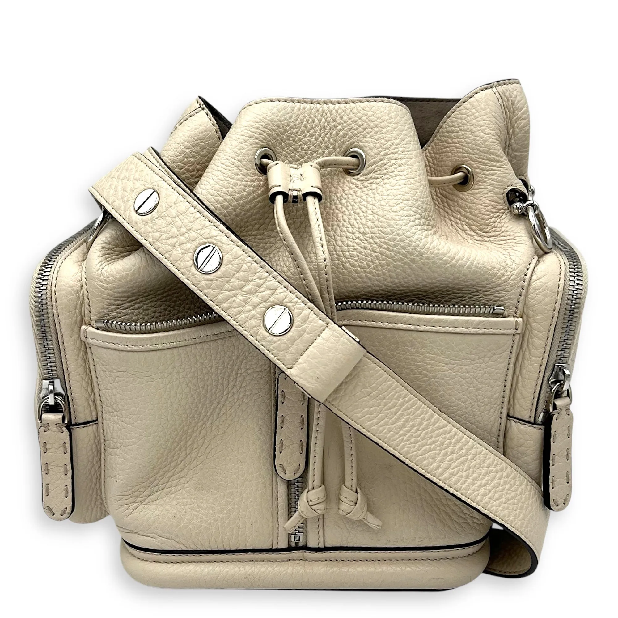 Mon Tresor Beige Bucket Bag in Calfskin, Silver hardware