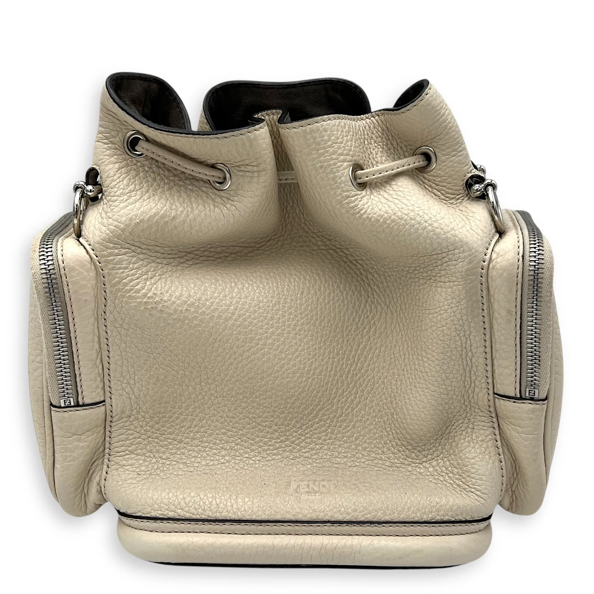 Mon Tresor Beige Bucket Bag in Calfskin, Silver hardware