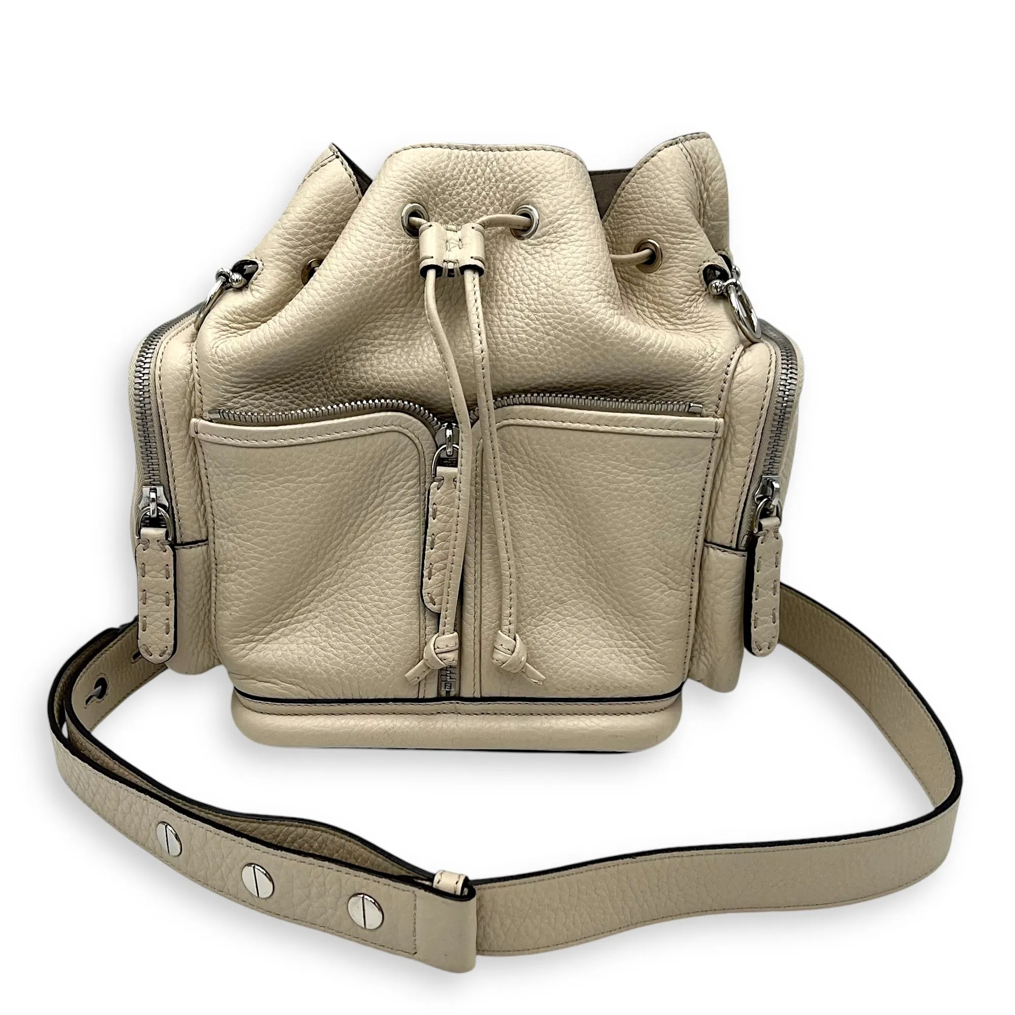 Mon Tresor Beige Bucket Bag in Calfskin, Silver hardware