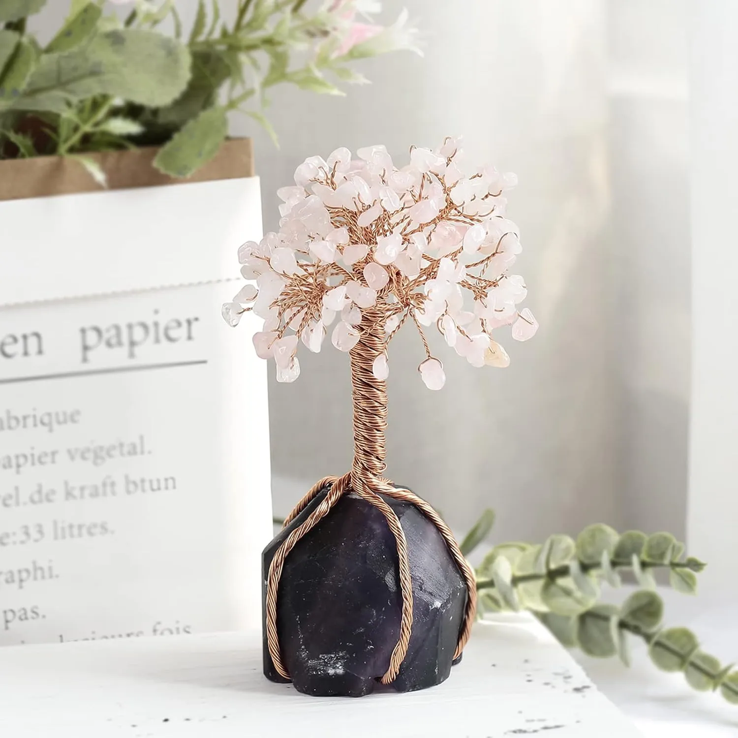 mookaitedecor Rose Quartz Crystal Money Tree Crystals Base & Guardian Angel Figurine Ornament for Wealth and Luck