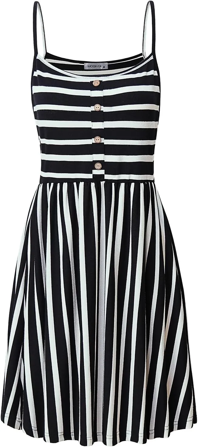 MOQIVGI Womens Spaghetti Strap Button Detail Pleated Summer Casual Stripe Dresses