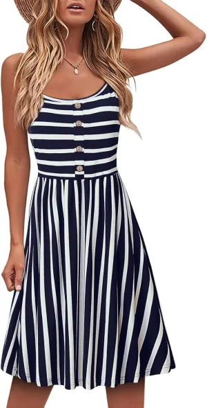 MOQIVGI Womens Spaghetti Strap Button Detail Pleated Summer Casual Stripe Dresses