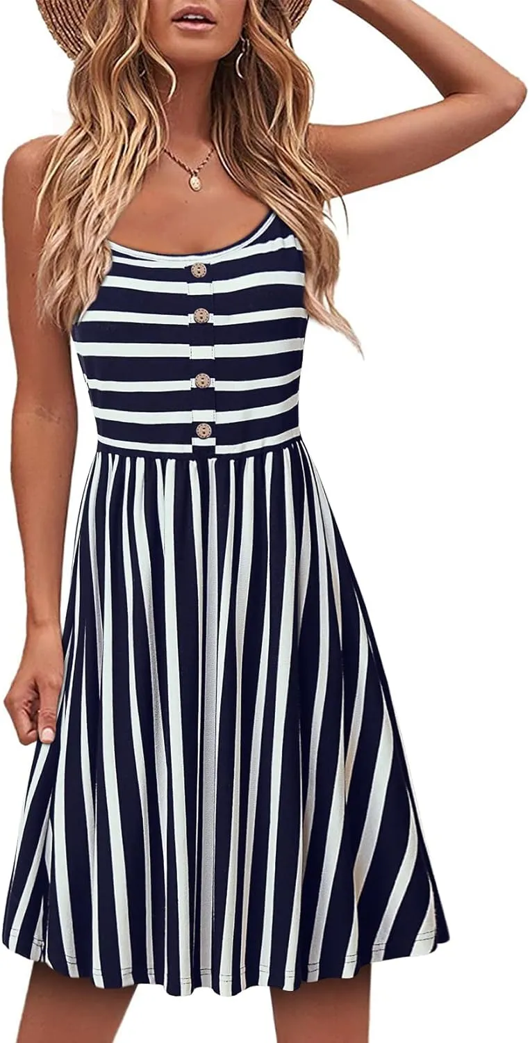 MOQIVGI Womens Spaghetti Strap Button Detail Pleated Summer Casual Stripe Dresses