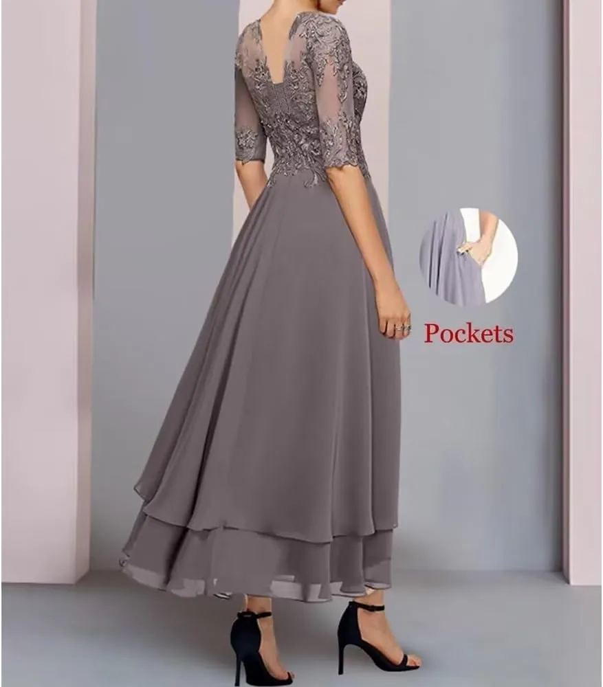 Mother of The Bride Dresses for Wedding Tea Length lace Appliques Half Sleeve Women's Evening Dresses