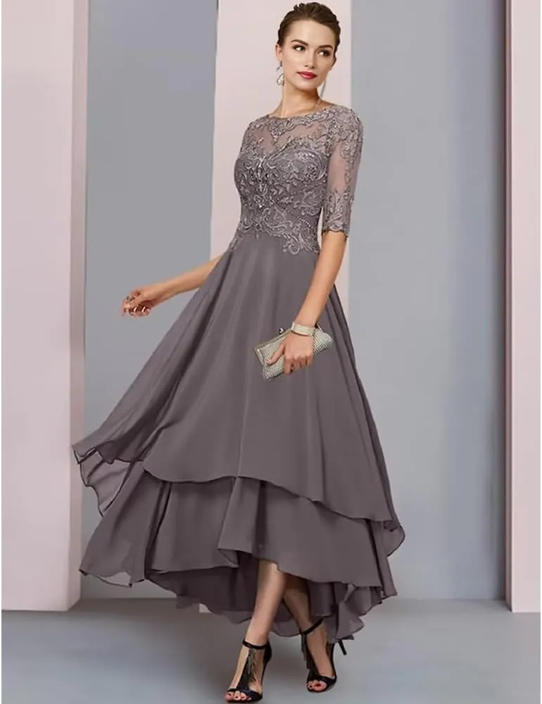 Mother of The Bride Dresses for Wedding Tea Length lace Appliques Half Sleeve Women's Evening Dresses