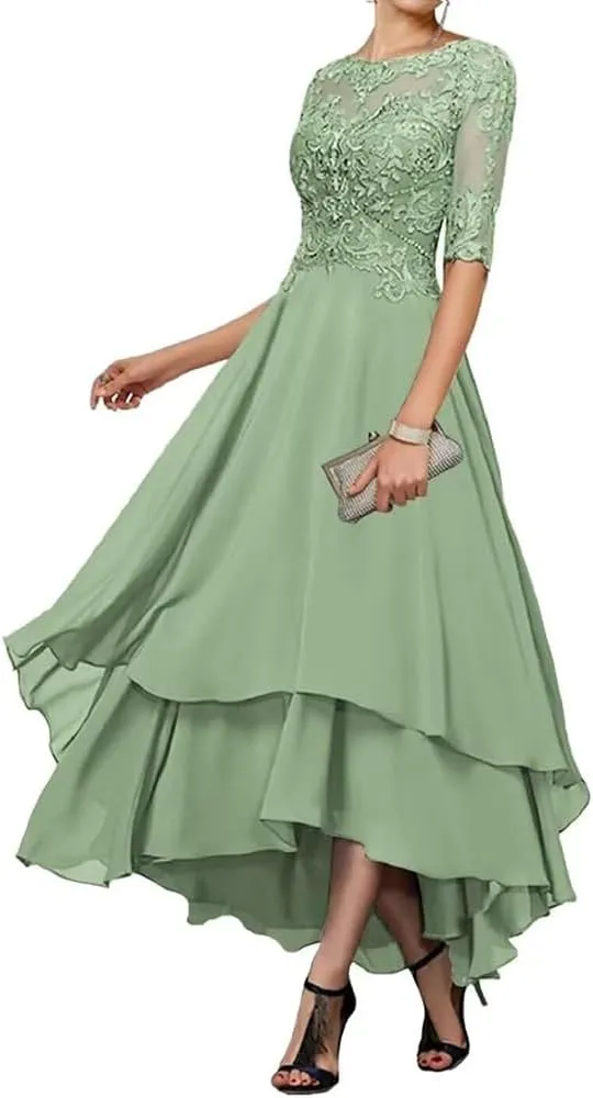 Mother of The Bride Dresses for Wedding Tea Length lace Appliques Half Sleeve Women's Evening Dresses