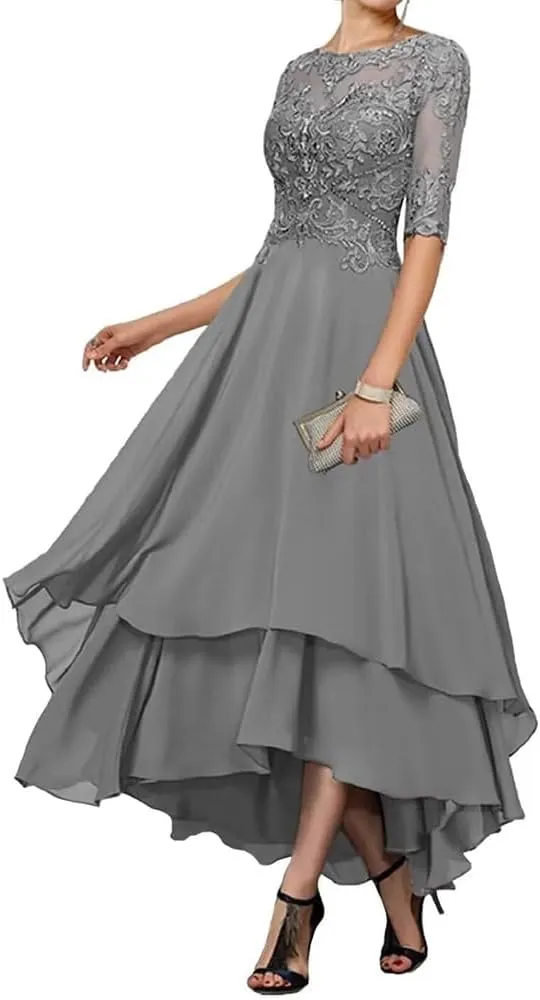 Mother of The Bride Dresses for Wedding Tea Length lace Appliques Half Sleeve Women's Evening Dresses
