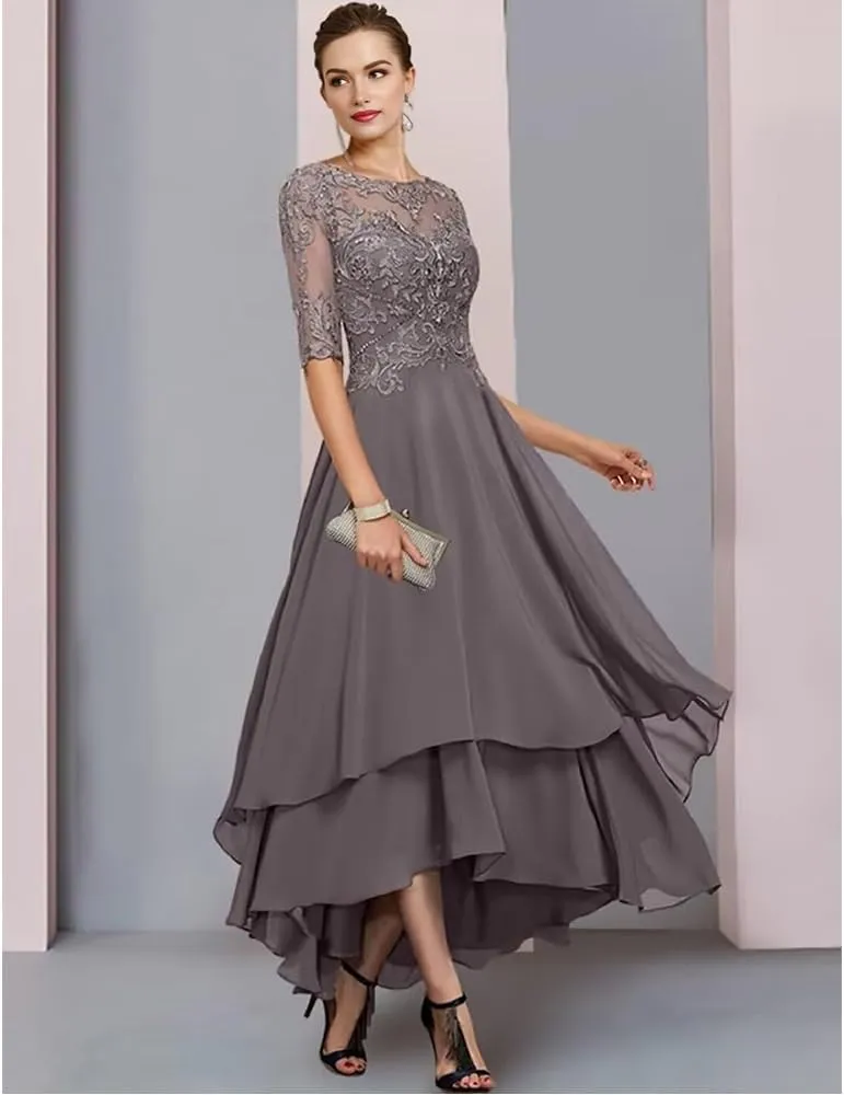Mother of The Bride Dresses for Wedding Tea Length lace Appliques Half Sleeve Women's Evening Dresses