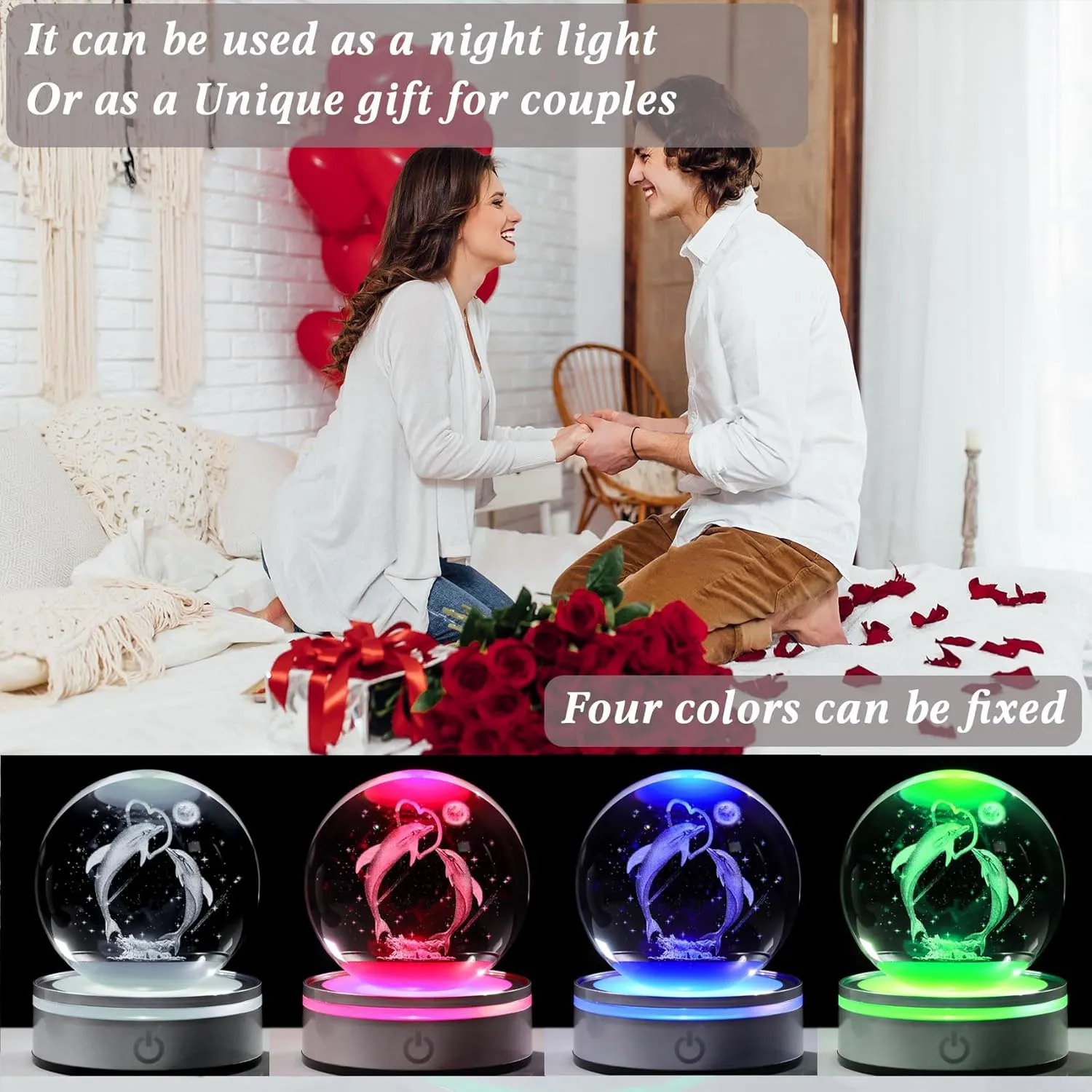 Movdyka Dolphin Gifts for Women Couples 3D Crystal Ball Dolphin Heart Statue Lamp Home Office Decor Snow Globes Dolphin Gifts for Girls on Birthday Wedding Christmas - 3.15"/8CM