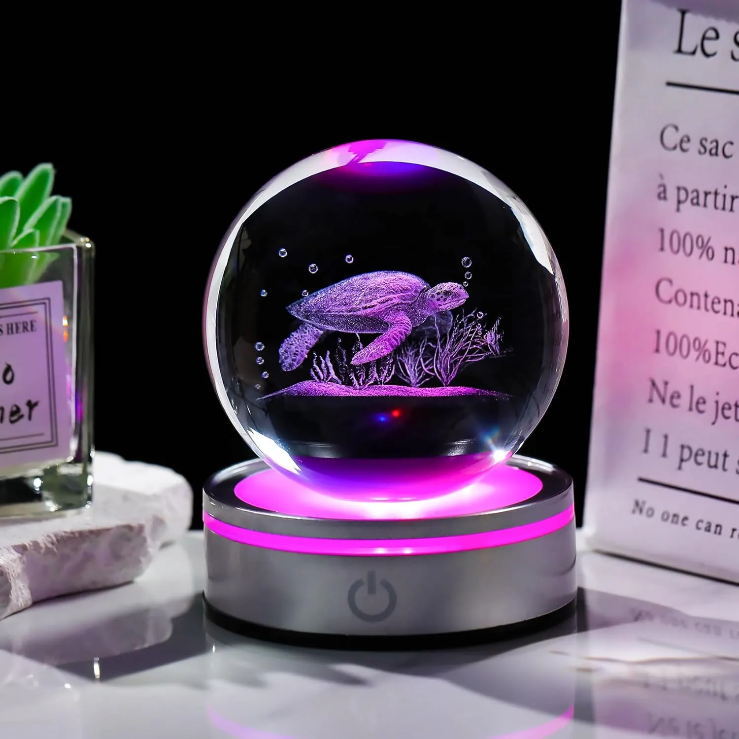 Movdyka Sea Turtle Gifts for Women Men 3D Sea Turtle Decor Statue Crystal Ball Night Light, Laser Engraved Sea Turtle Ornament Figurine Glass Snow Globe Room Decorations Crafts