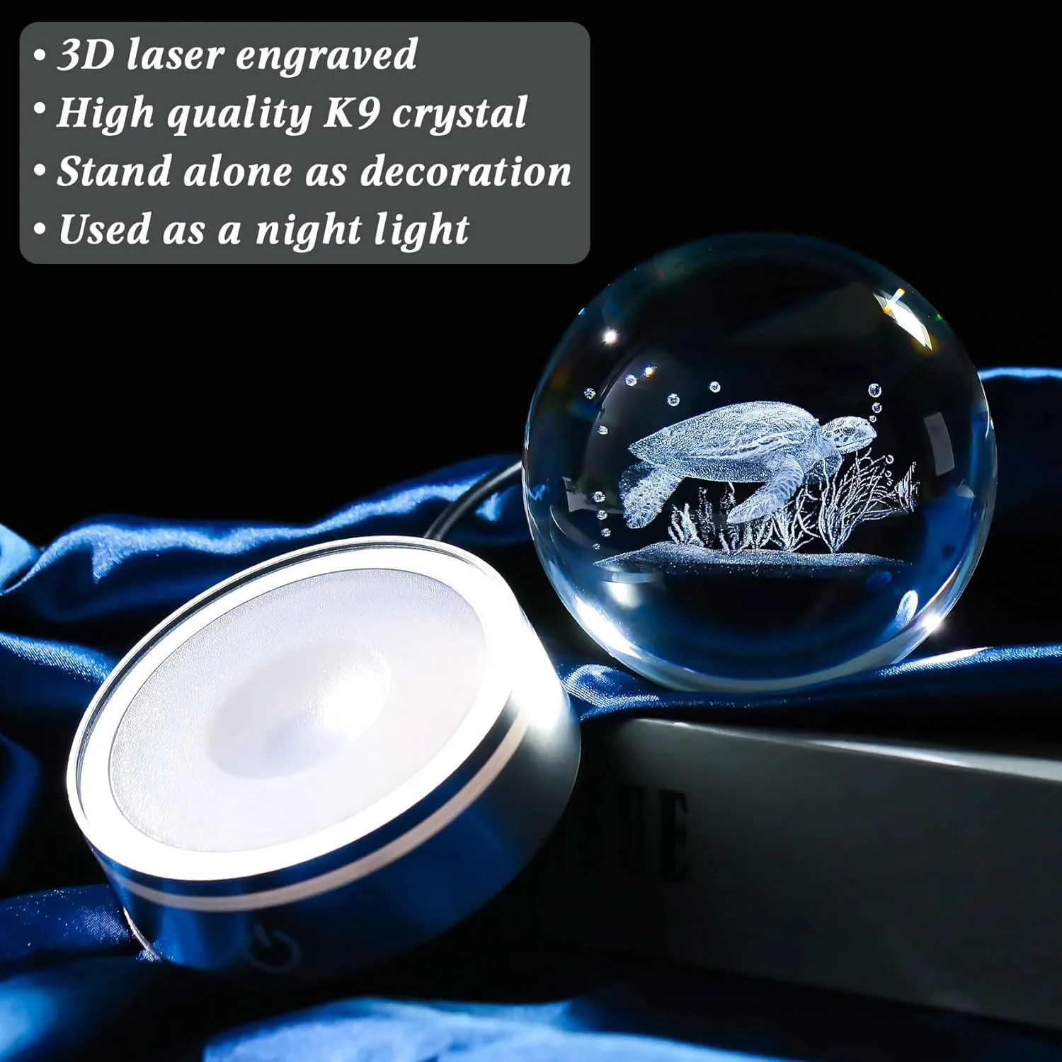 Movdyka Sea Turtle Gifts for Women Men 3D Sea Turtle Decor Statue Crystal Ball Night Light, Laser Engraved Sea Turtle Ornament Figurine Glass Snow Globe Room Decorations Crafts
