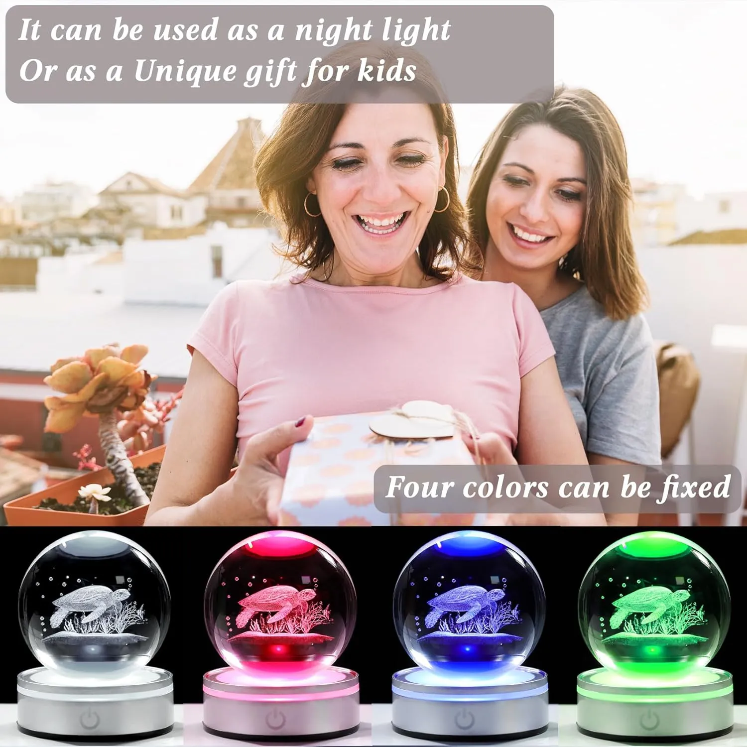 Movdyka Sea Turtle Gifts for Women Men 3D Sea Turtle Decor Statue Crystal Ball Night Light, Laser Engraved Sea Turtle Ornament Figurine Glass Snow Globe Room Decorations Crafts