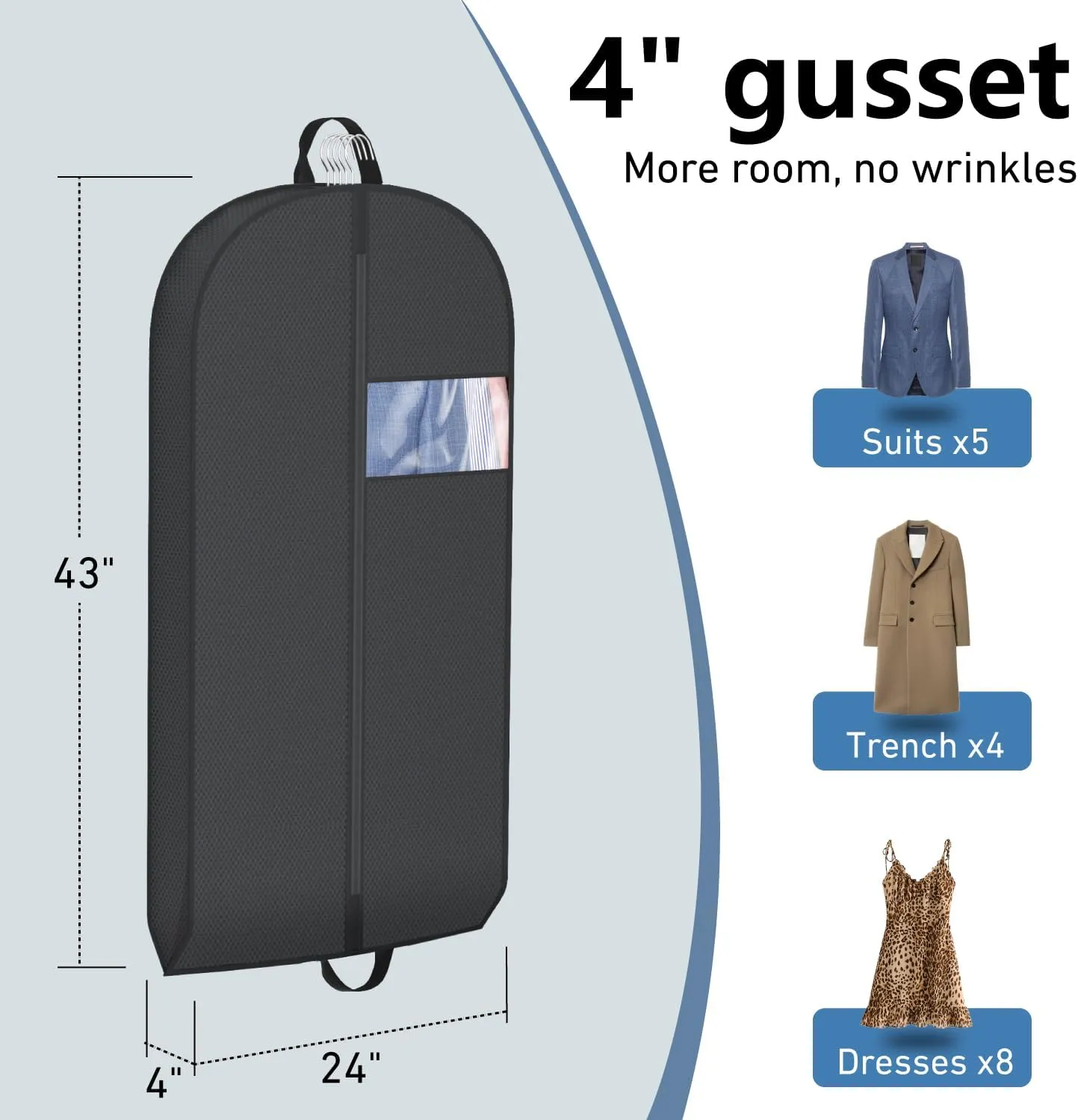 Myee 43" Garment Bags for Closet Storage Hanging Clothes Suit Covers with Clear Window, Moth Proof Wardrobe Bag for Coat Dresses Shirt, Moving Packing, 4 Packs
