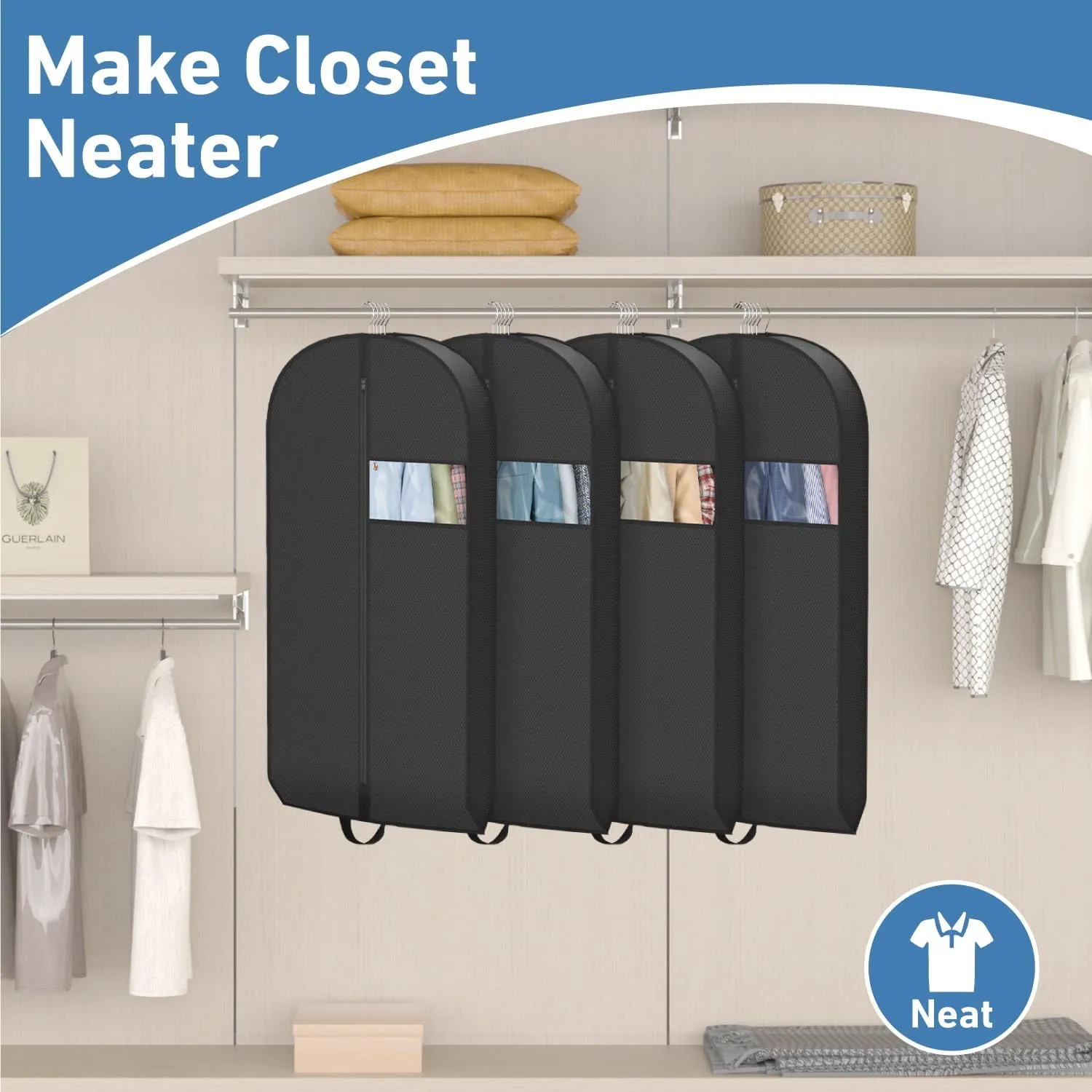 Myee 43" Garment Bags for Closet Storage Hanging Clothes Suit Covers with Clear Window, Moth Proof Wardrobe Bag for Coat Dresses Shirt, Moving Packing, 4 Packs