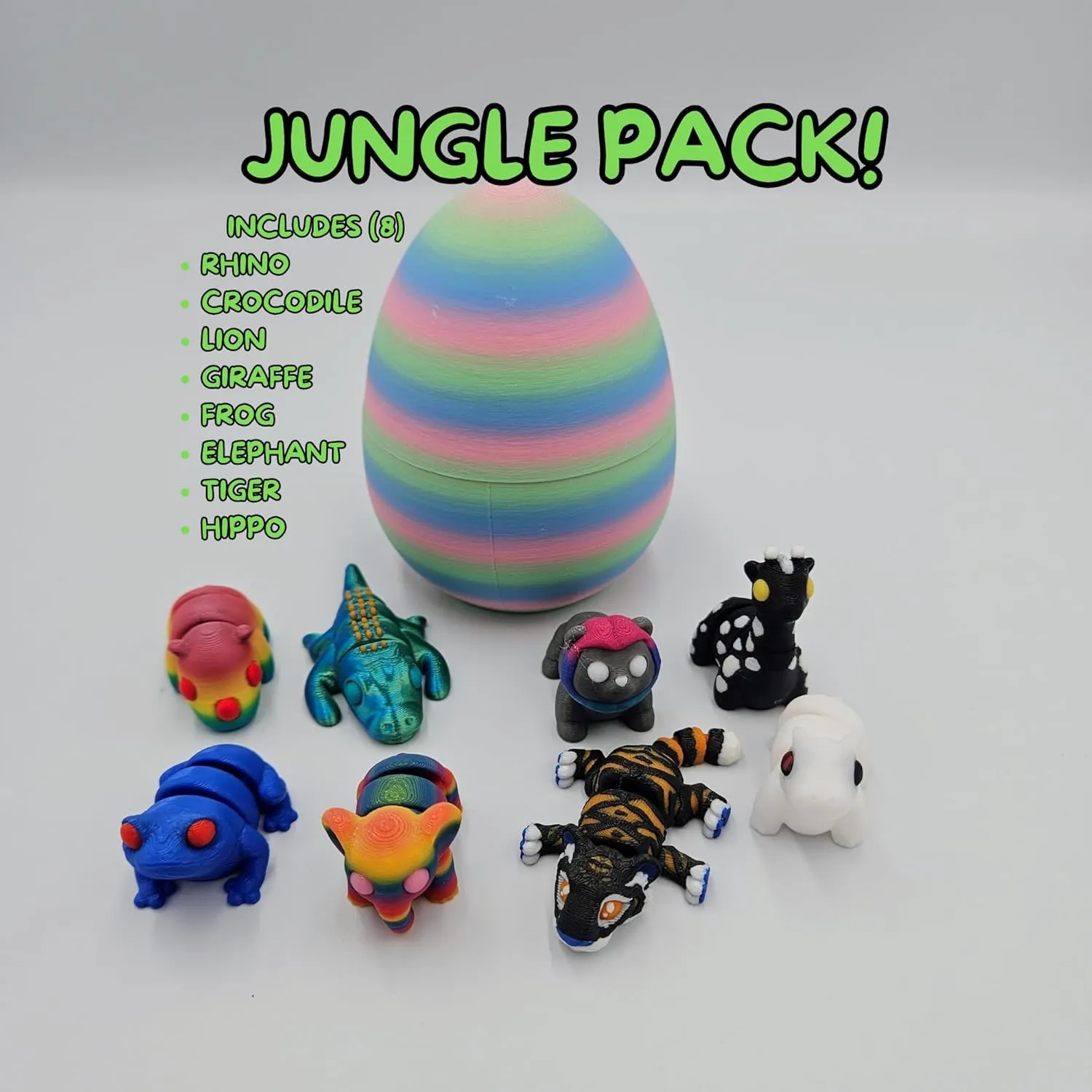 Mystery Mini Animal Packs - 3D Printed Articulating Figurines - Unique and Fun Designs Includes Mystery Egg - Stress Relief (Jungle Pack)