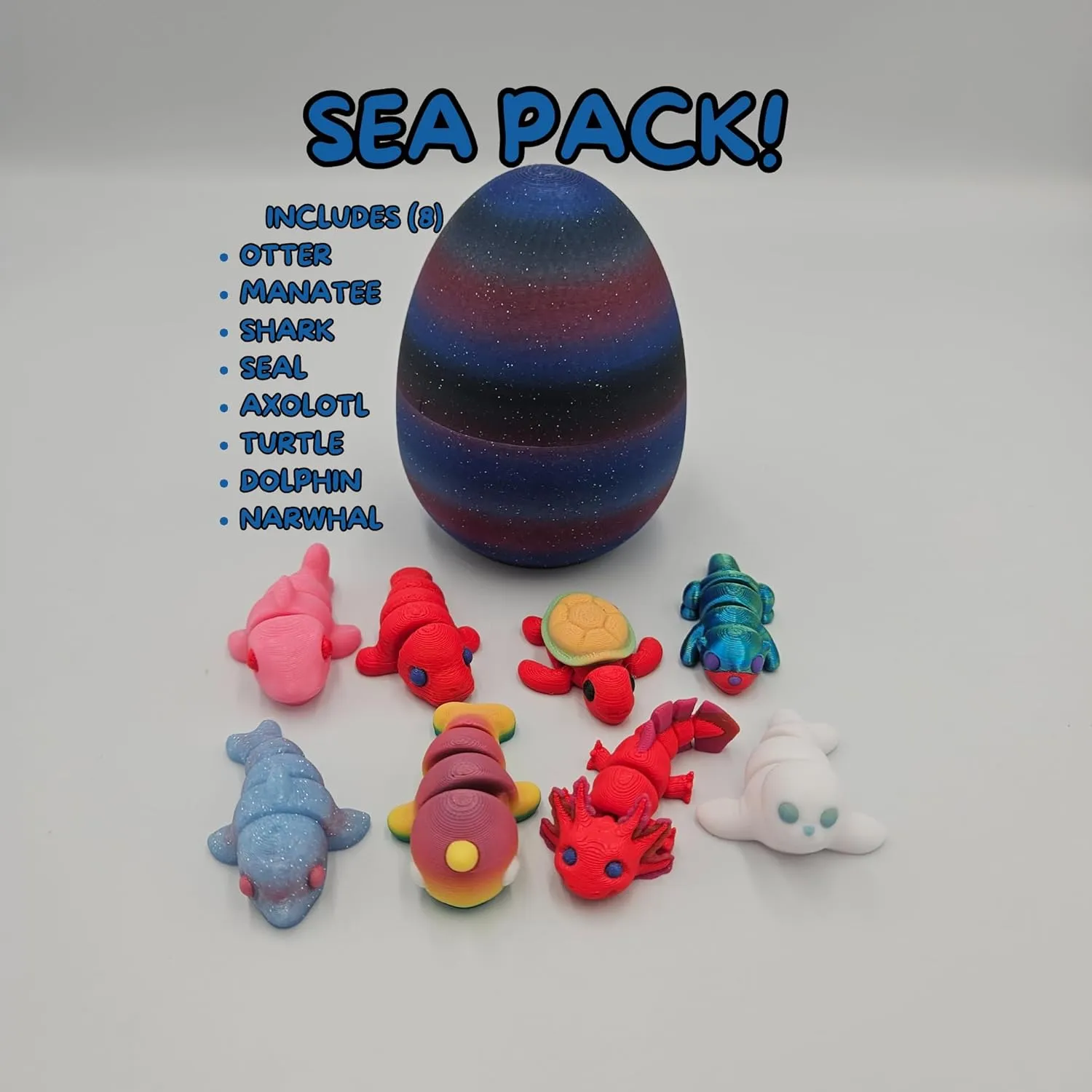 Mystery Mini Animal Packs - 3D Printed Articulating Figurines - Unique and Fun Designs Includes Mystery Egg - Stress Relief (Sea Pack)