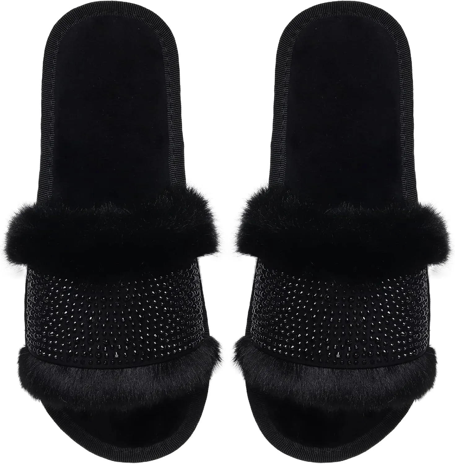 Natalie Mills Rhinestone Faux Fur House Shoes - Open Toe Slippers with Massage Technology for Summer & Winter Glamping