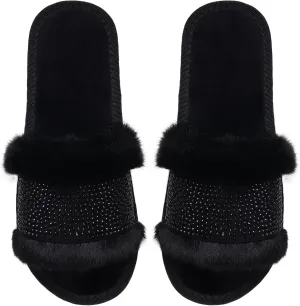 Natalie Mills Rhinestone Faux Fur House Shoes - Open Toe Slippers with Massage Technology for Summer & Winter Glamping