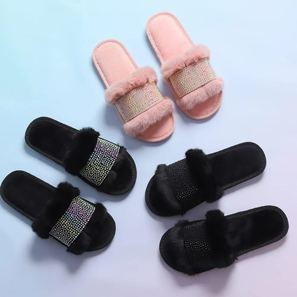 Natalie Mills Rhinestone Faux Fur House Shoes - Open Toe Slippers with Massage Technology for Summer & Winter Glamping