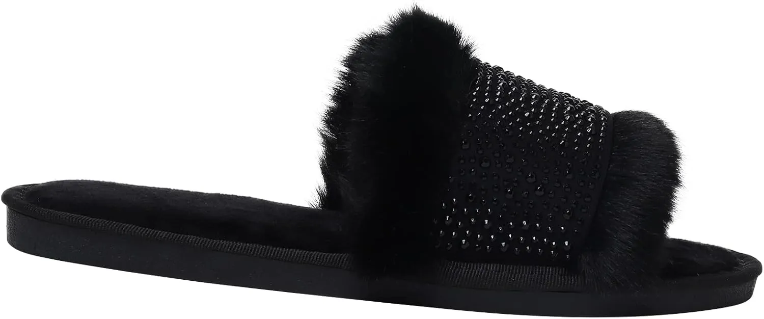Natalie Mills Rhinestone Faux Fur House Shoes - Open Toe Slippers with Massage Technology for Summer & Winter Glamping