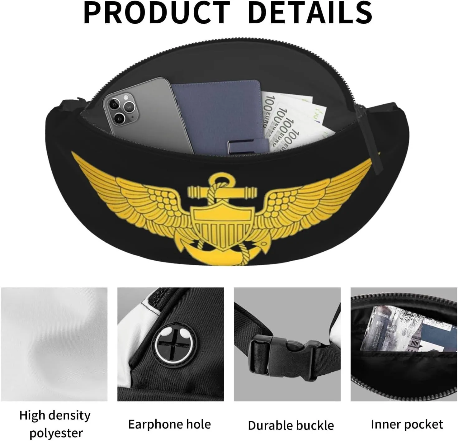 Naval Aviator Wings Unisex Leisure Waist Bag Outdoor Sports Running Waist Bag Business Travel Mobile Phone Bag