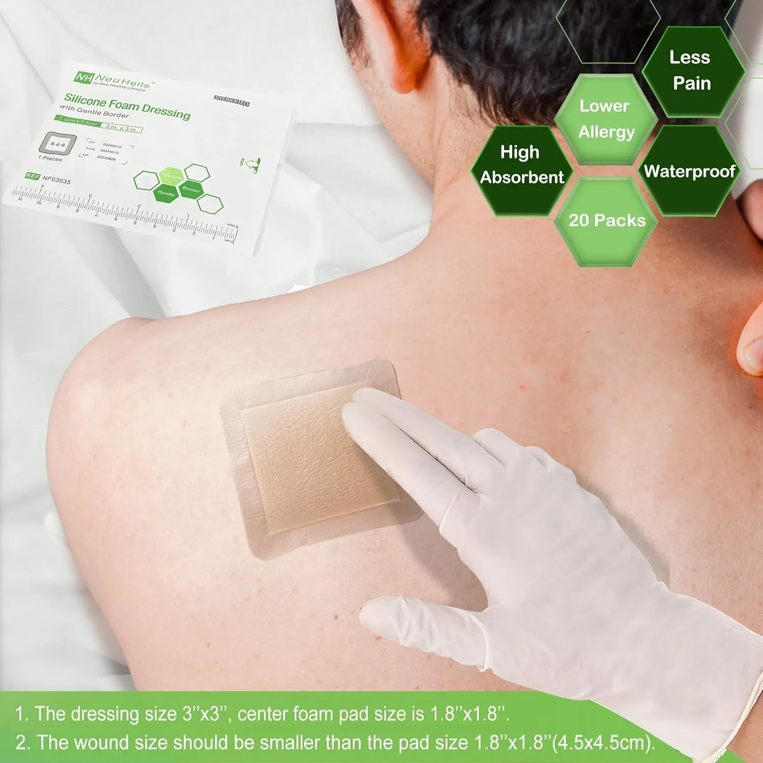 NeuHeils Silicone Foam Dressing with Gentle Border 3''x3'', 20 Packs for Bed Sore Pressure Ulcer, High Absorbency Waterproof Silicone Wound Bandage Patch