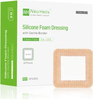 NeuHeils Silicone Foam Dressing with Gentle Border 3''x3'', 20 Packs for Bed Sore Pressure Ulcer, High Absorbency Waterproof Silicone Wound Bandage Patch