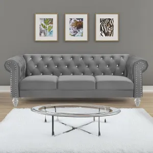 New Classic Furniture Glam Emma Velvet Three Seater Chesterfield Style Sofa for Small Spaces with Crystal Button Tufts, Gray