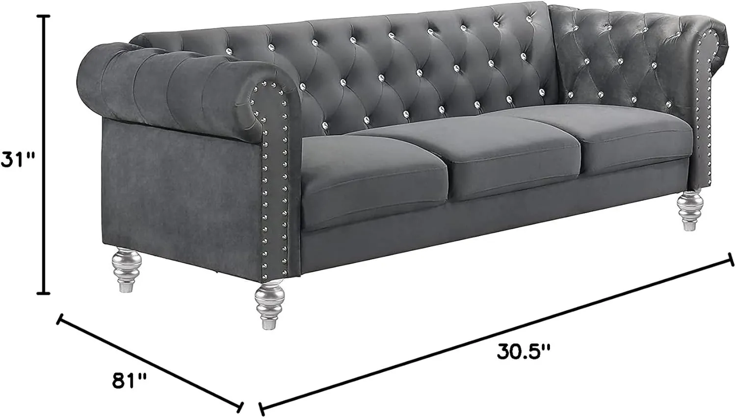 New Classic Furniture Glam Emma Velvet Three Seater Chesterfield Style Sofa for Small Spaces with Crystal Button Tufts, Gray