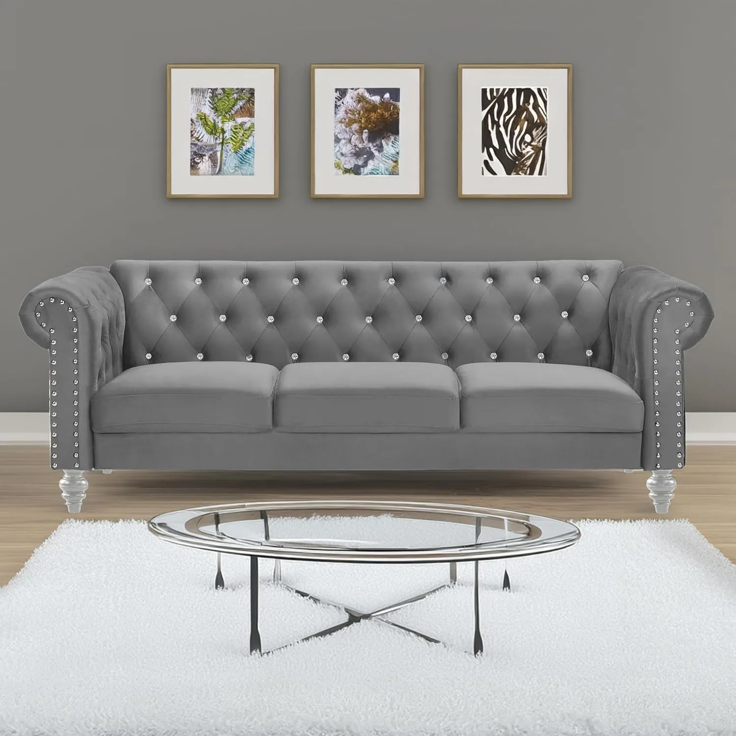 New Classic Furniture Glam Emma Velvet Three Seater Chesterfield Style Sofa for Small Spaces with Crystal Button Tufts, Gray
