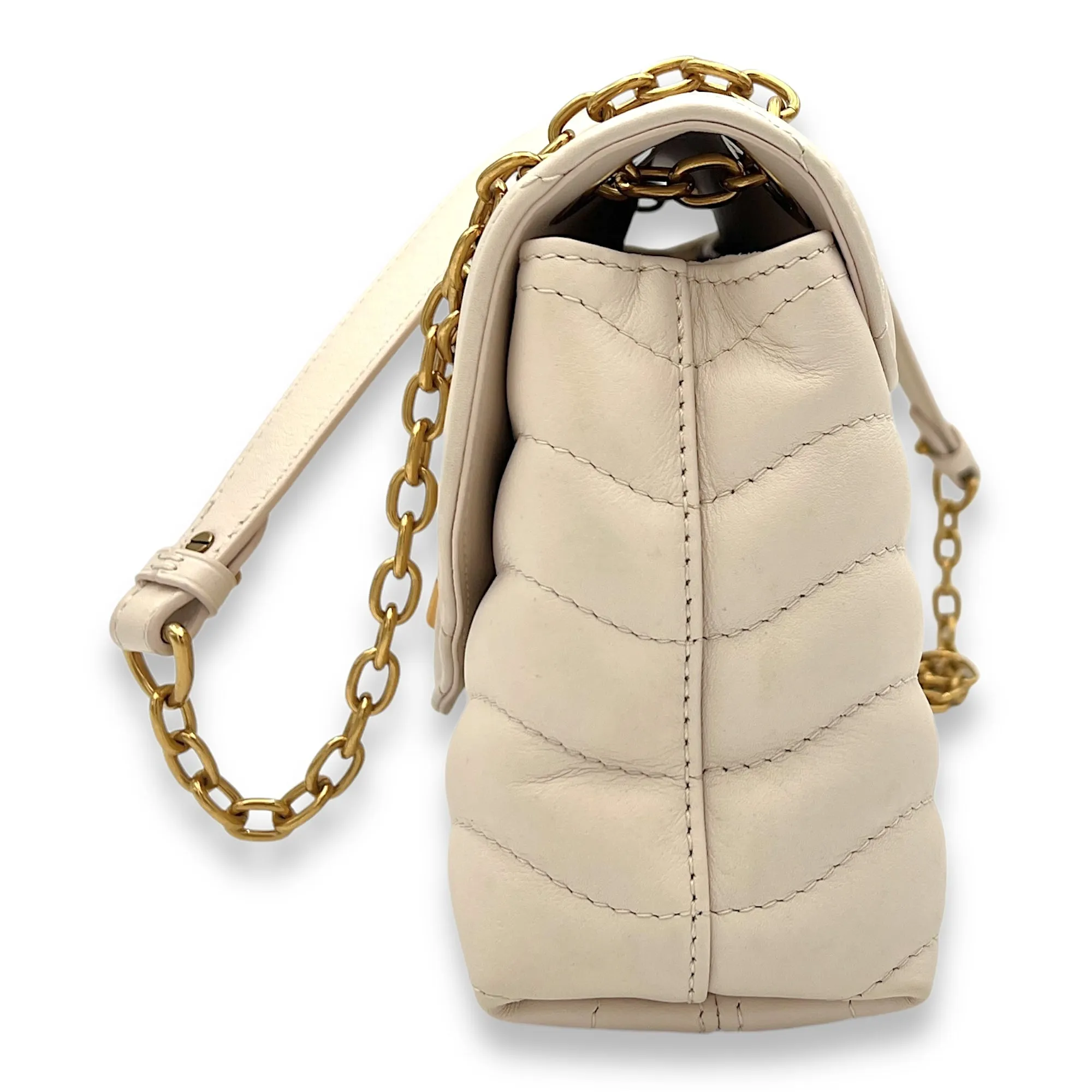 New Wave Beige Crossbody Bag in Calfskin, Gold hardware
