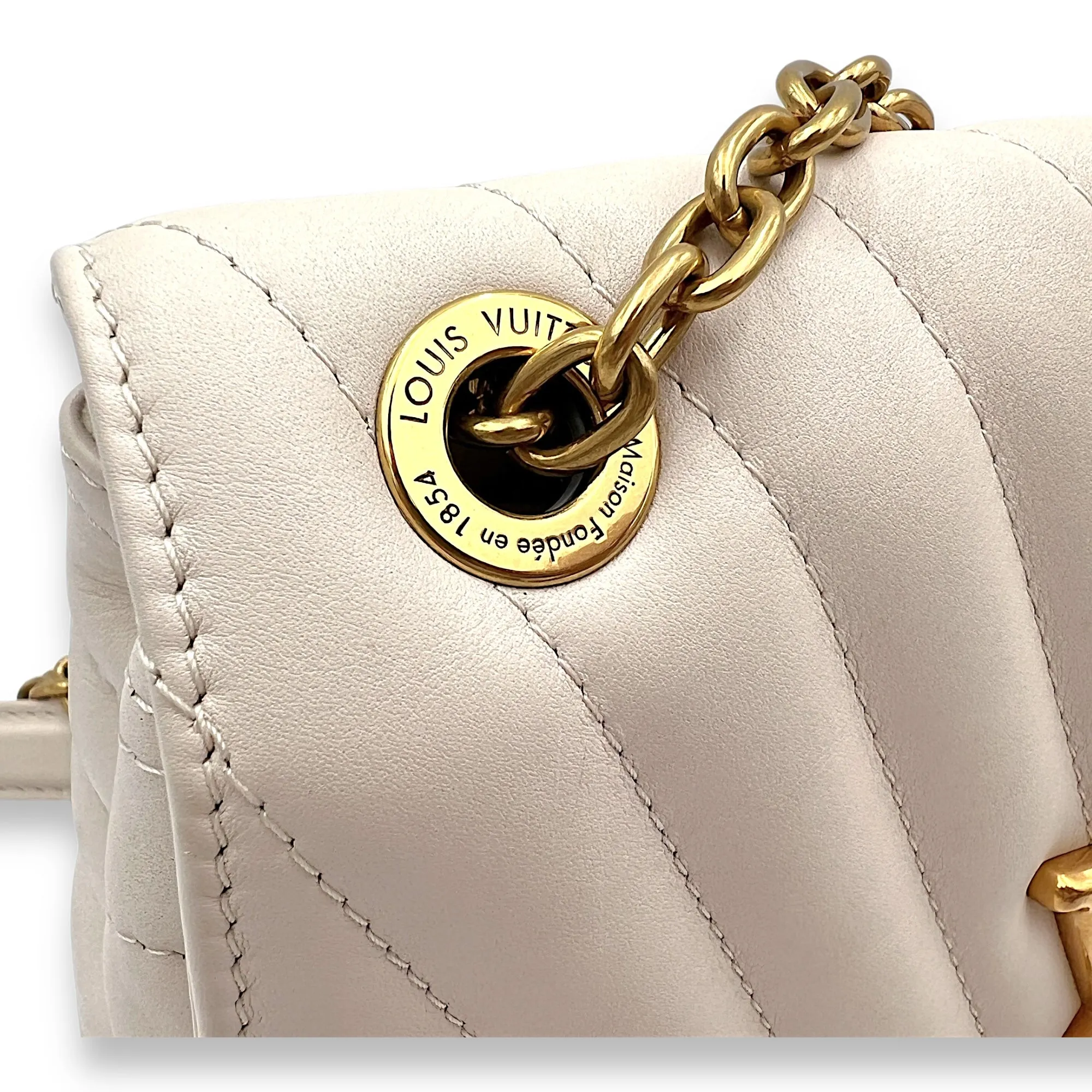 New Wave Beige Crossbody Bag in Calfskin, Gold hardware