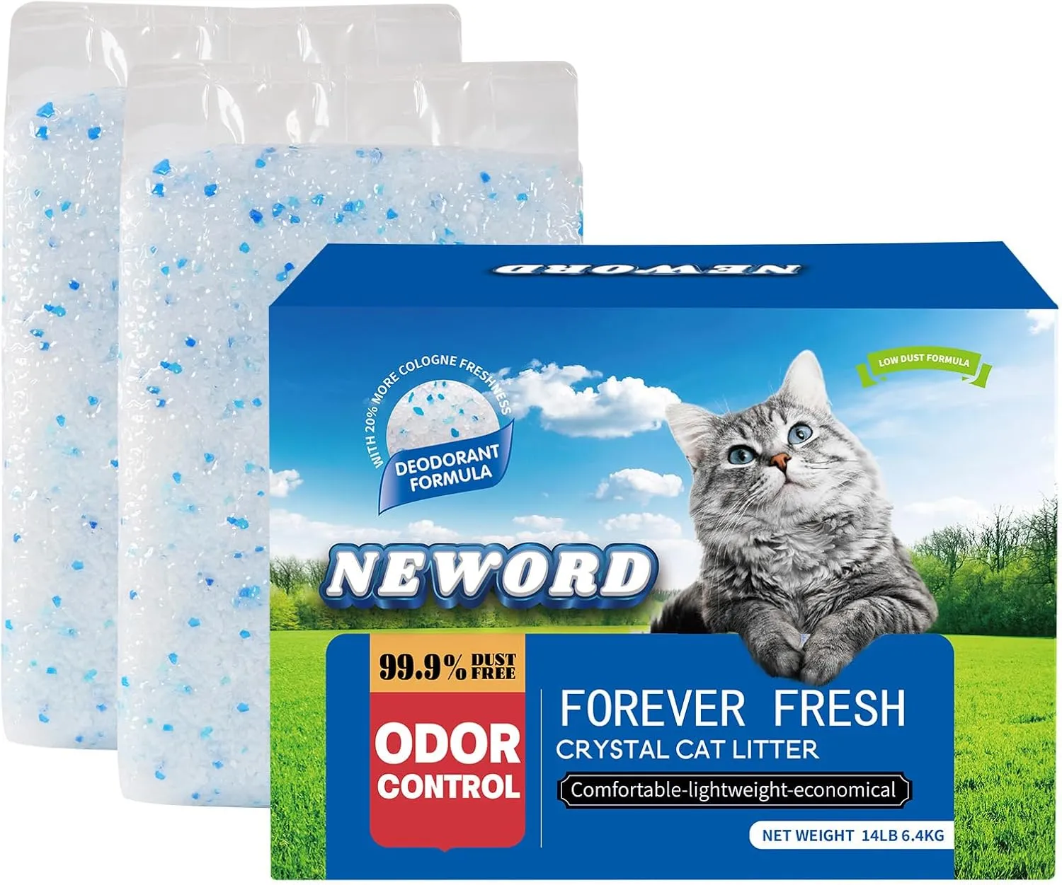 NEWORD Crystals Cat Litter Silica Gel, 14LB Bag, Superior Odor Control, Non Clumping Cat Litter, Lightweight Cleaning Crystals for Home Kitty Litter Boxes Cats Pets, Lightly Scented