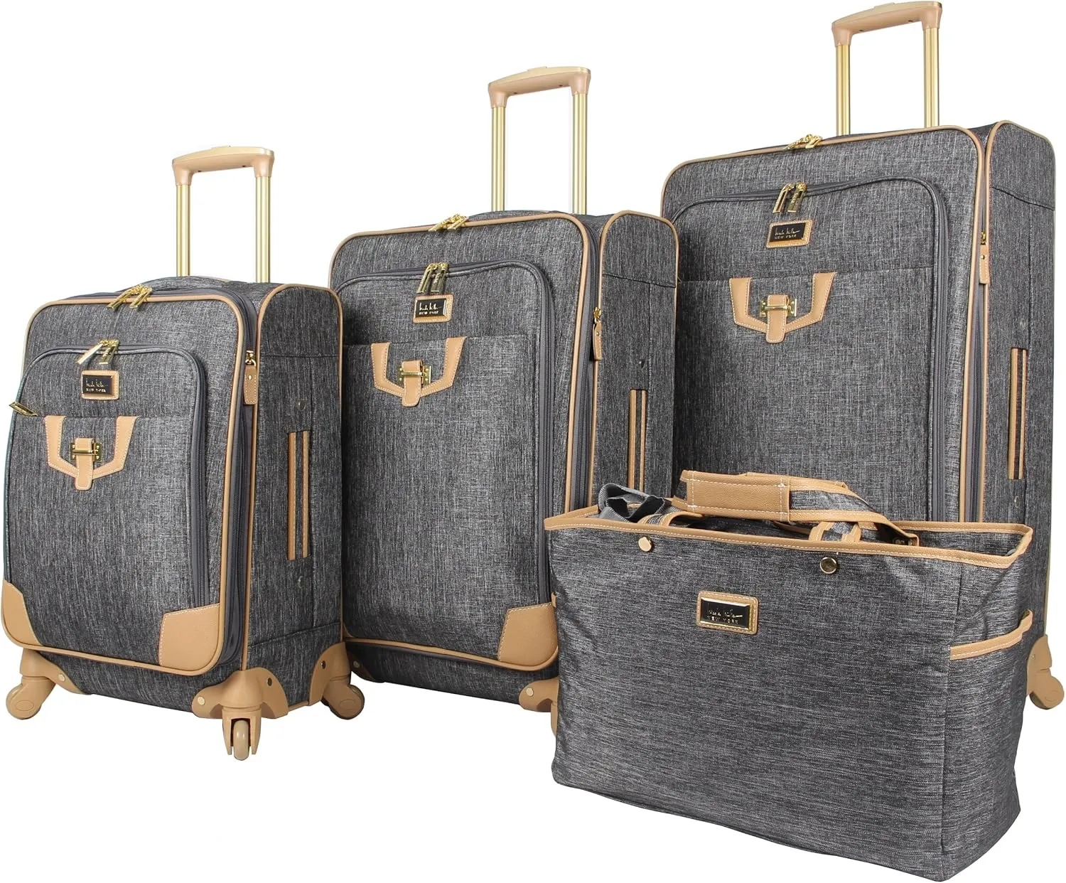 Nicole Miller Designer Luggage Paige Collection - 4 Piece Softside Lightweight Expandable Spinner Suitcases- Set includes 17 Inch Tote Bag, 20 Inch Carry On, 24 Inch & 28 Inch Suitcases (Silver)