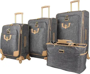 Nicole Miller Designer Luggage Paige Collection - 4 Piece Softside Lightweight Expandable Spinner Suitcases- Set includes 17 Inch Tote Bag, 20 Inch Carry On, 24 Inch & 28 Inch Suitcases (Silver)